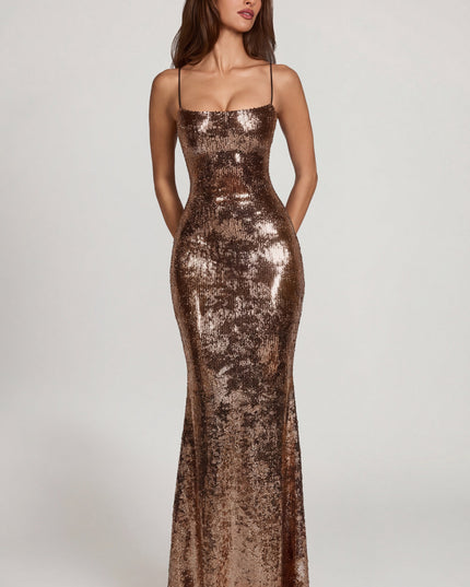Copper Gold Embellished Straight-Neck Maxi Dress