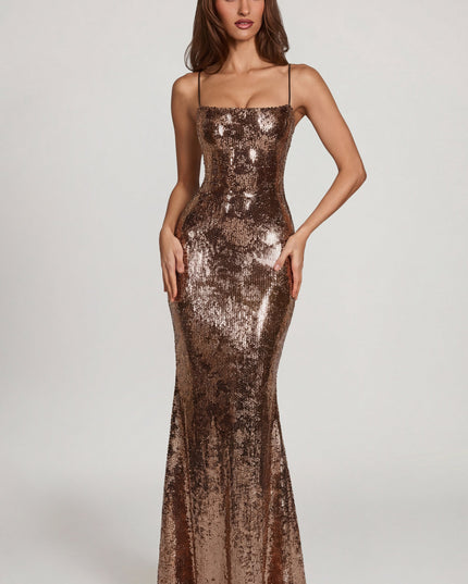Copper Gold Embellished Straight-Neck Maxi Dress