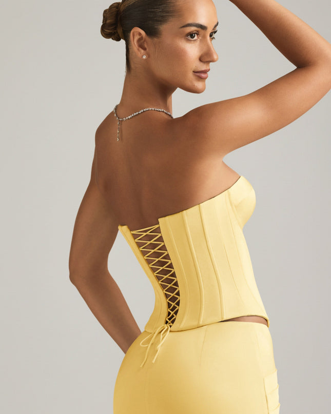 Pastel Yellow Satin Lace-Up Corset Top