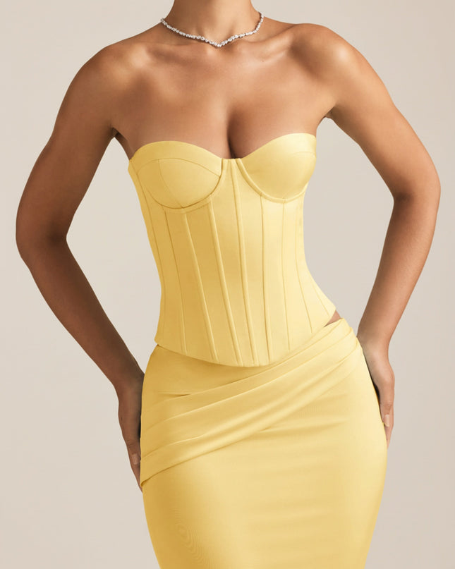 Pastel Yellow Satin Lace-Up Corset Top