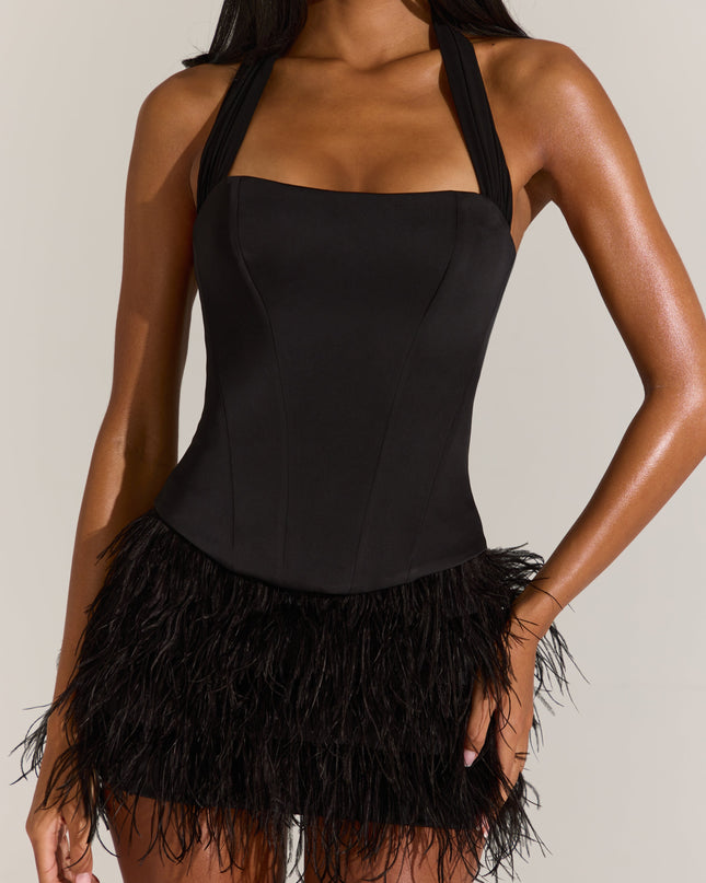 Black Satin Corset Feathered Mini Dress