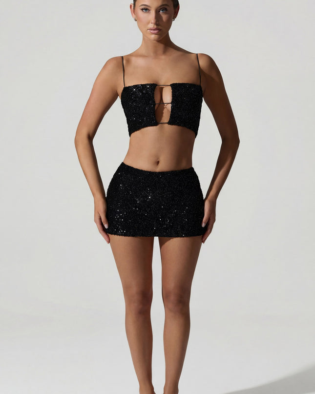 Black Embellished Cut-Out Crop Top