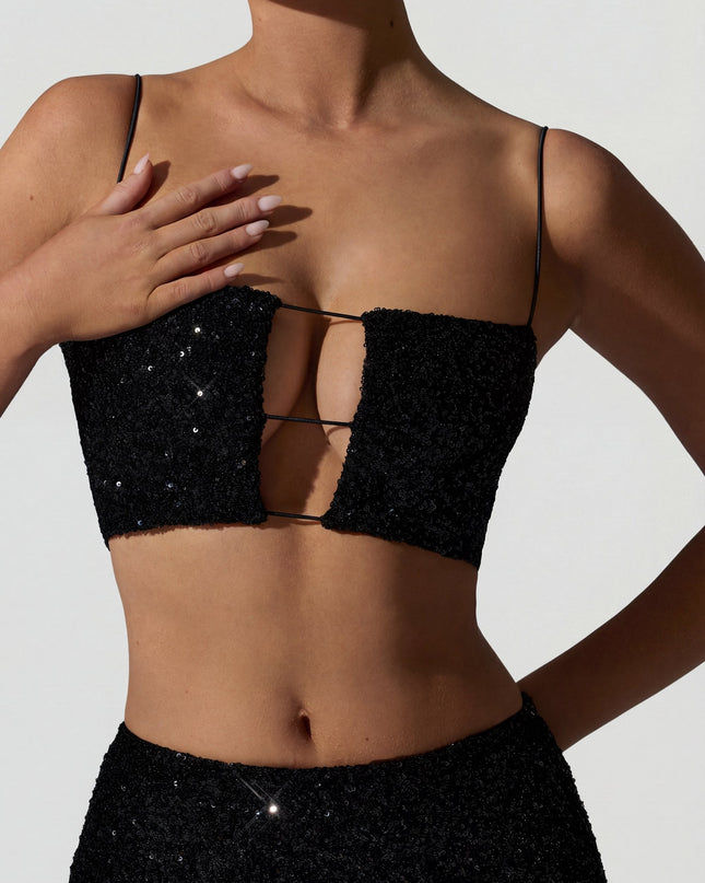 Black Embellished Cut-Out Crop Top