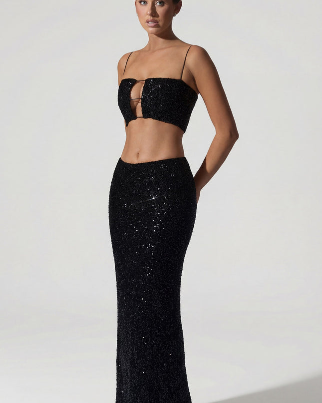 Black Embellished Cut-Out Crop Top