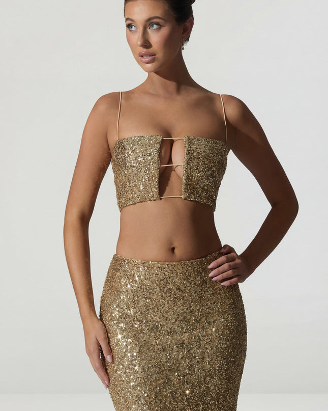 Gold Embellished Cut-Out Crop Top