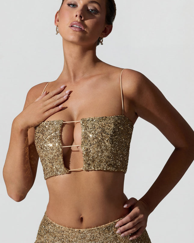 Gold Embellished Cut-Out Crop Top