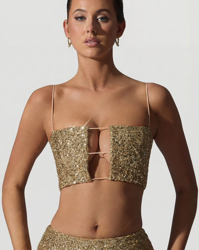 Gold Embellished Cut-Out Crop Top