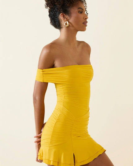 Golden Yellow Asymmetric Ruched One-Shoulder Mini Dress