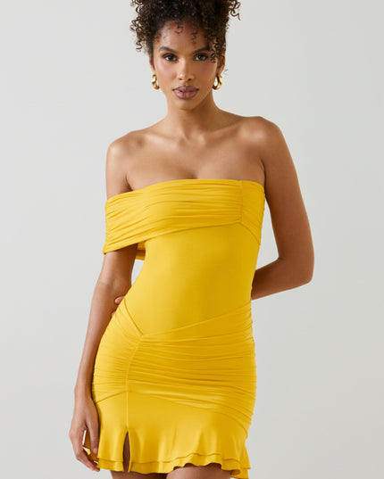 Golden Yellow Asymmetric Ruched One-Shoulder Mini Dress