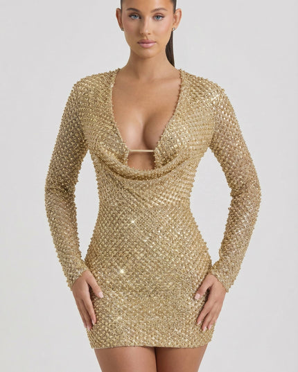 Gold Embellished Cowl-Neck Mini Dress