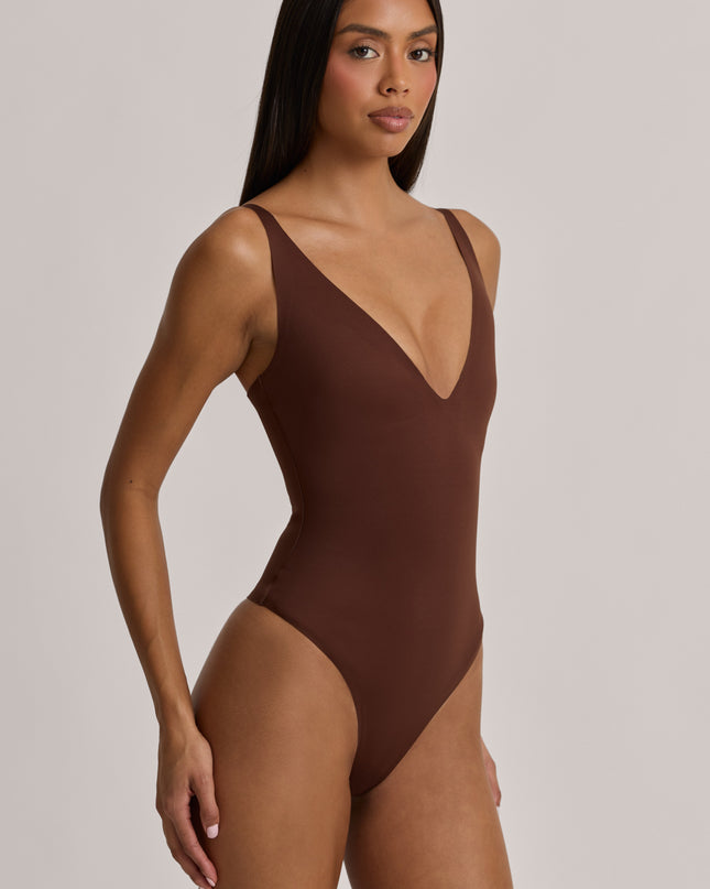 Cocoa Brown V-Neck Thong Bodysuit