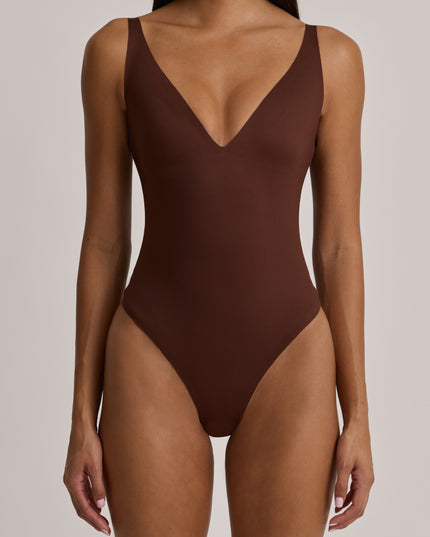 Cocoa Brown V-Neck Thong Bodysuit