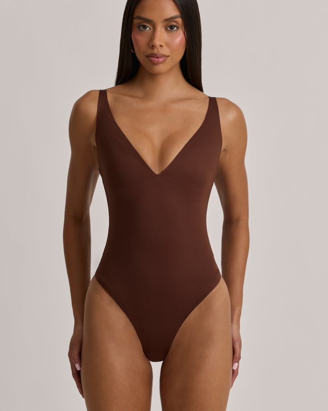 Cocoa Brown V-Neck Thong Bodysuit