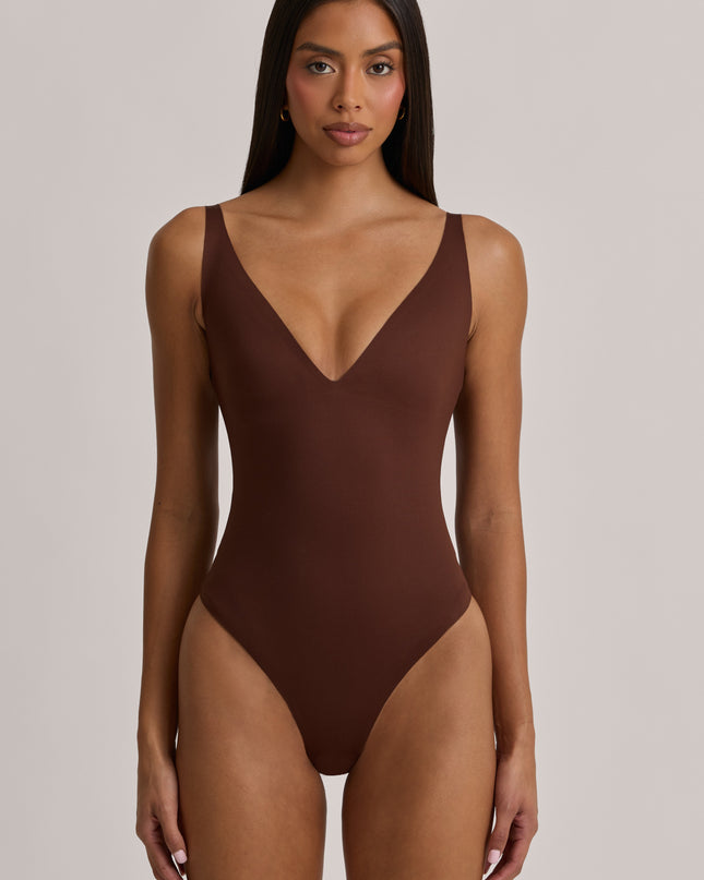 Cocoa Brown V-Neck Thong Bodysuit