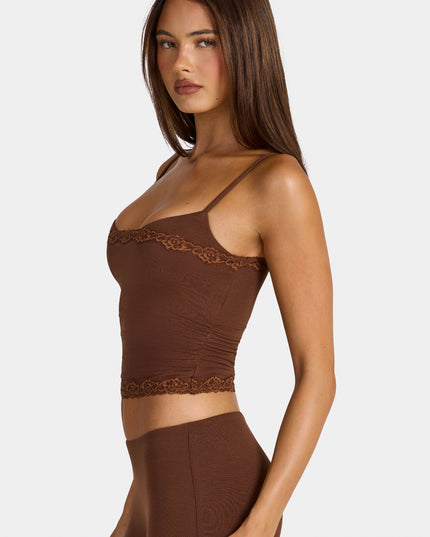 Cocoa Brown Modal Lace-Trim Peekaboo Tank Top