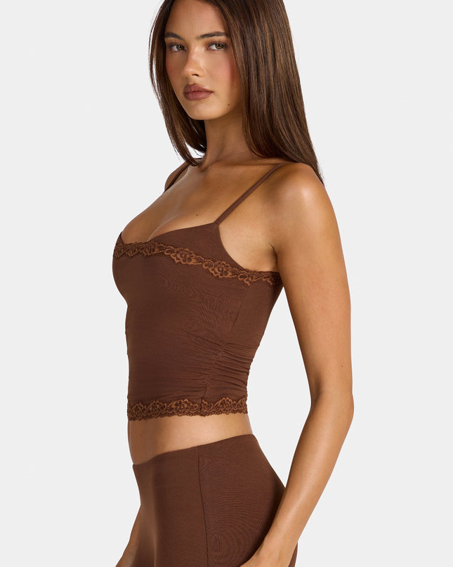 Cocoa Brown Modal Lace-Trim Peekaboo Tank Top