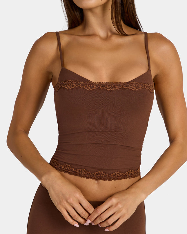 Cocoa Brown Modal Lace-Trim Peekaboo Tank Top