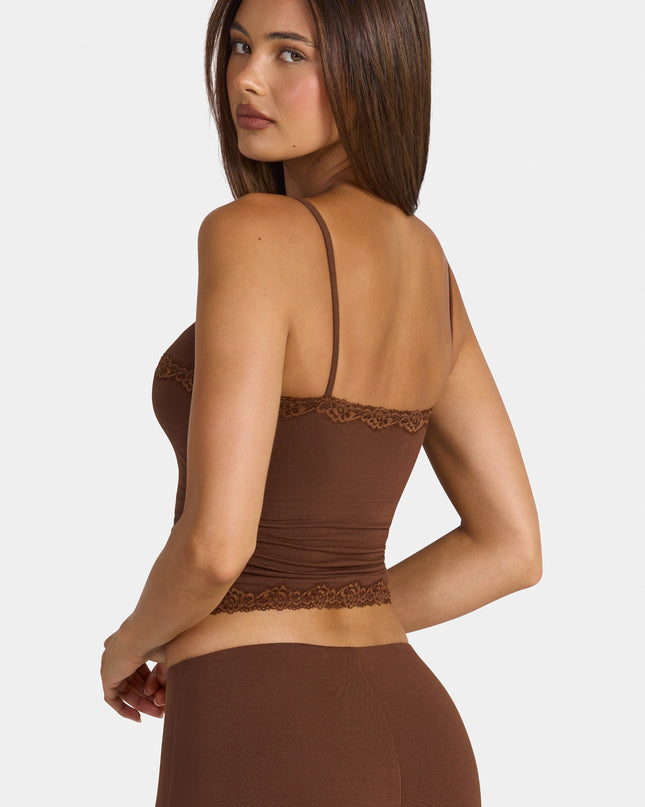 Cocoa Brown Modal Lace-Trim Peekaboo Tank Top