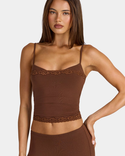 Cocoa Brown Modal Lace-Trim Peekaboo Tank Top