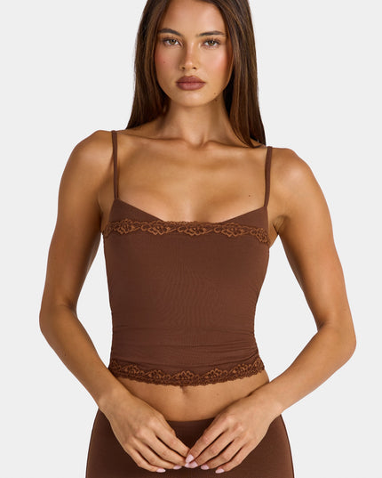 Cocoa Brown Modal Lace-Trim Peekaboo Tank Top