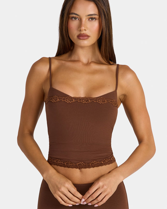 Cocoa Brown Modal Lace-Trim Peekaboo Tank Top
