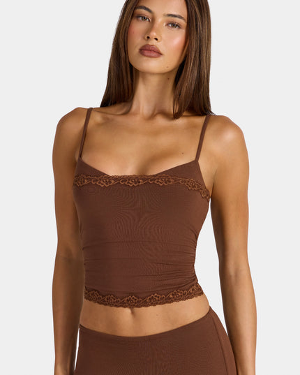 Cocoa Brown Modal Lace-Trim Peekaboo Tank Top