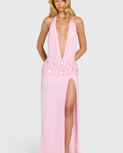 Bubblegum Pink Embellished Waist Maxi Dress