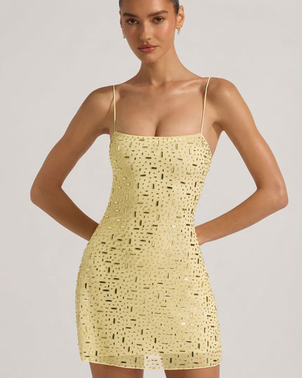 Yellow Sheer Embellished Square-Neck Mini Dress