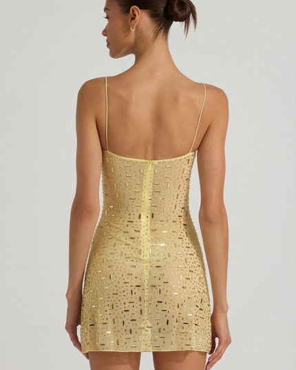 Yellow Sheer Embellished Square-Neck Mini Dress