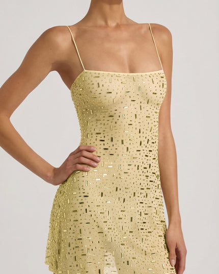 Yellow Sheer Embellished Square-Neck Mini Dress