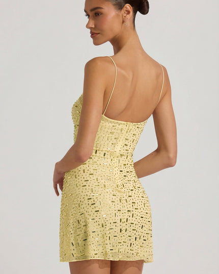 Yellow Sheer Embellished Square-Neck Mini Dress