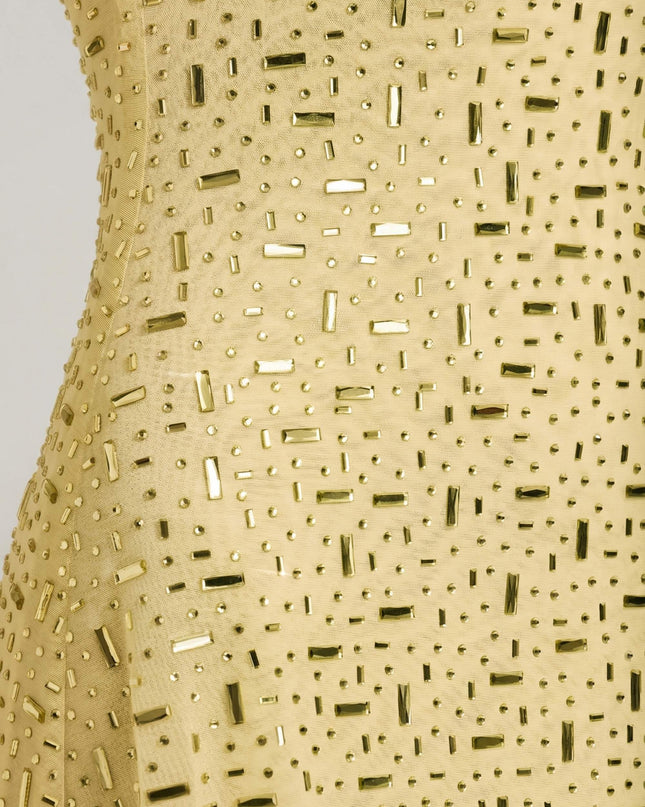 Yellow Sheer Embellished Square-Neck Mini Dress