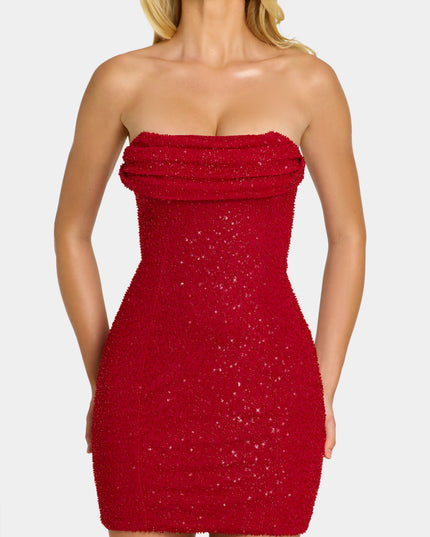 Rouge Embellished Strapless Cowl-Neck Mini Dress