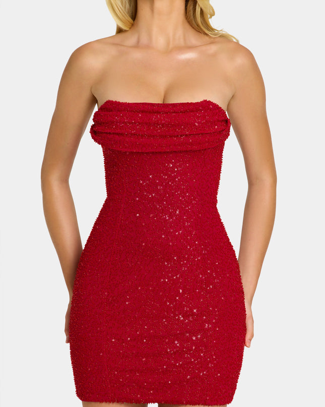 Rouge Embellished Strapless Cowl-Neck Mini Dress