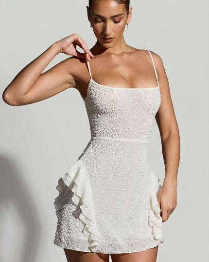 White Embellished Frill Mini Dress