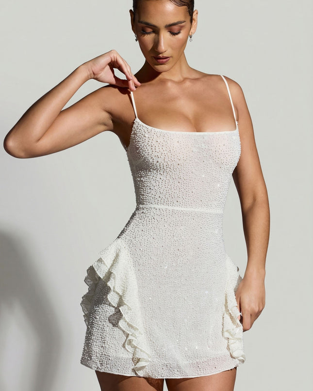White Embellished Frill Mini Dress