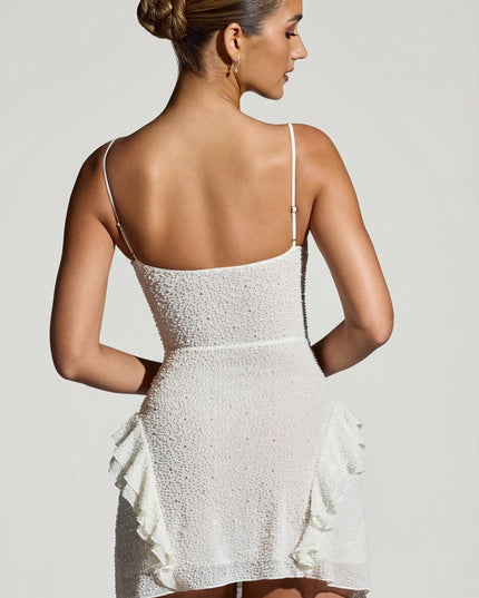 White Embellished Frill Mini Dress
