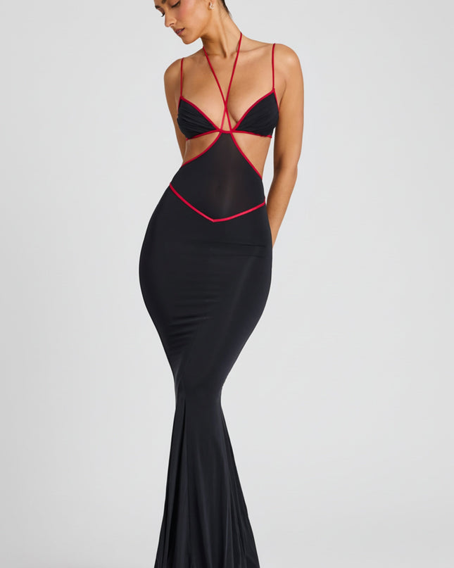 Black Contrast Binding Cut Out Evening Gown