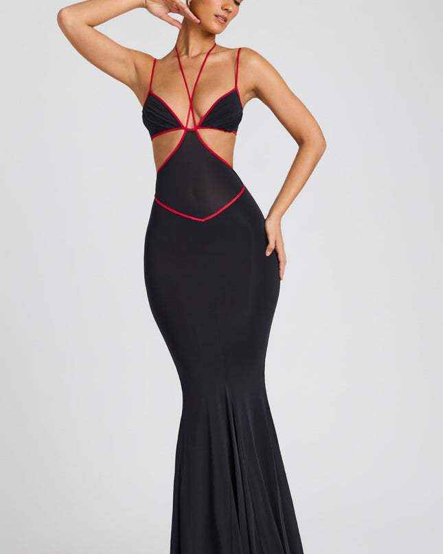 Black Contrast Binding Cut Out Evening Gown
