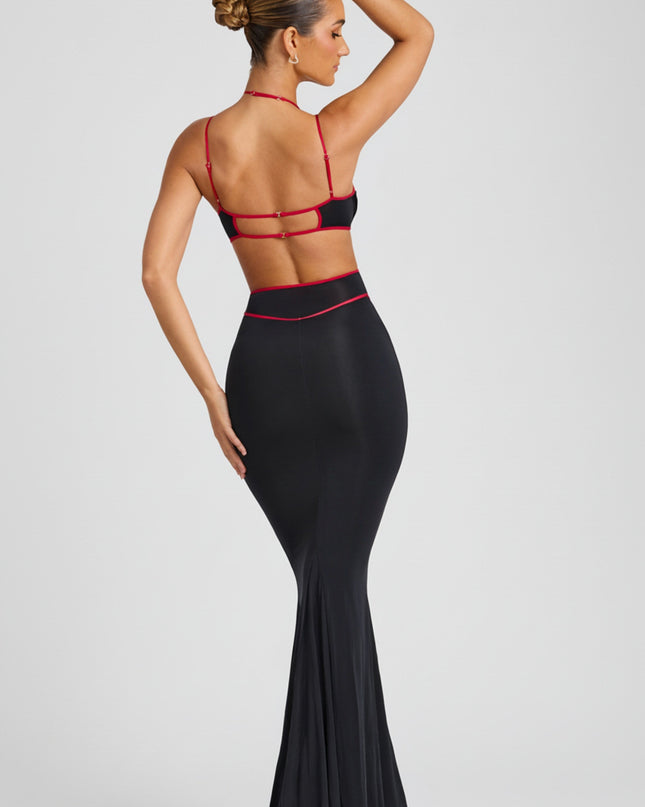 Black Contrast Binding Cut Out Evening Gown