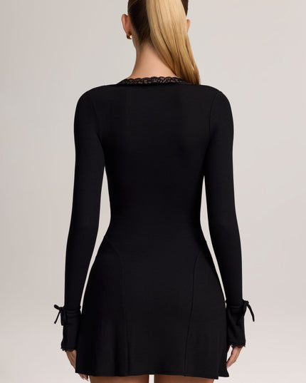 Black Ribbed Modal Lace-Trim Mini Dress