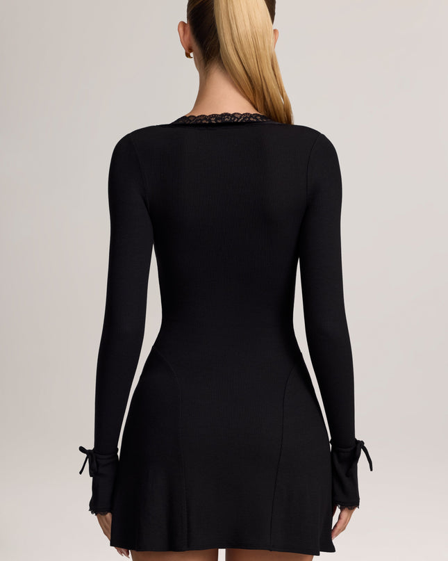 Black Ribbed Modal Lace-Trim Mini Dress