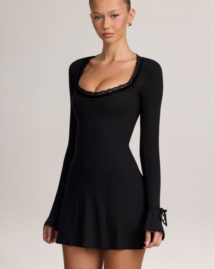Black Ribbed Modal Lace-Trim Mini Dress