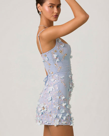 Sky Blue Embellished Appliqué Corset Mini Dress