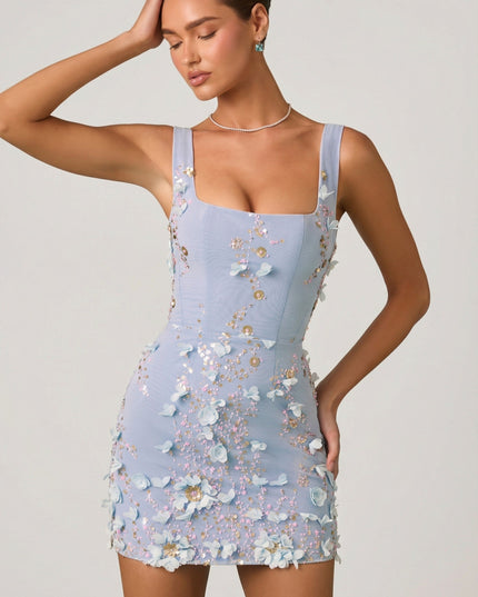 Sky Blue Embellished Appliqué Corset Mini Dress