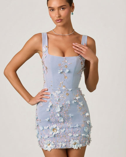 Sky Blue Embellished Appliqué Corset Mini Dress
