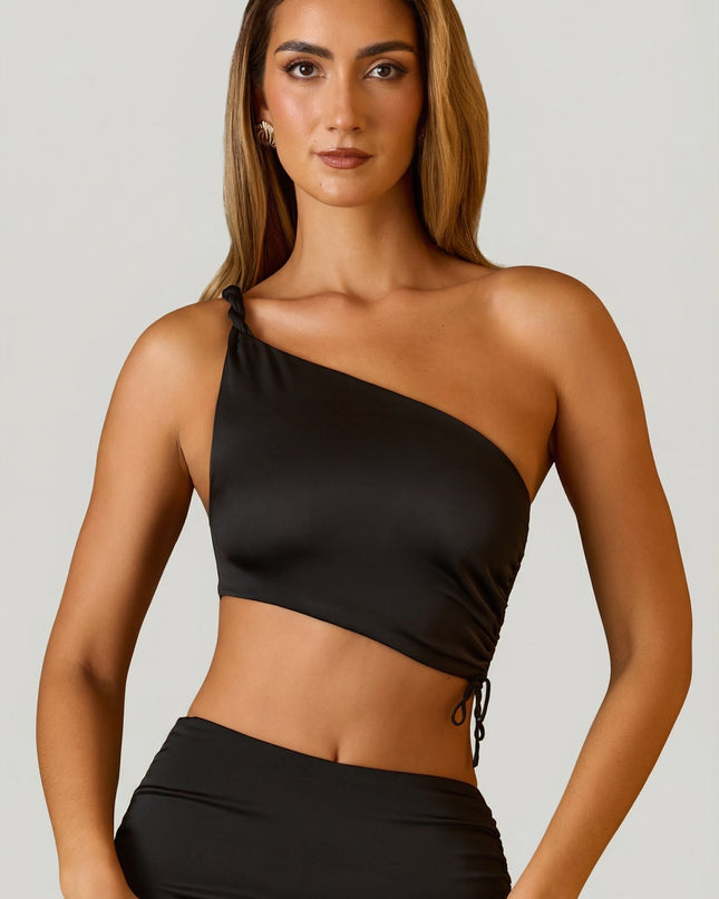 Black Ruched Asymmetric Crop Top