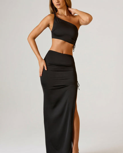Black Ruched Asymmetric Crop Top