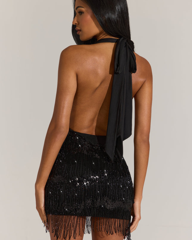 Black Fringed Skirt Halterneck Mini Dress