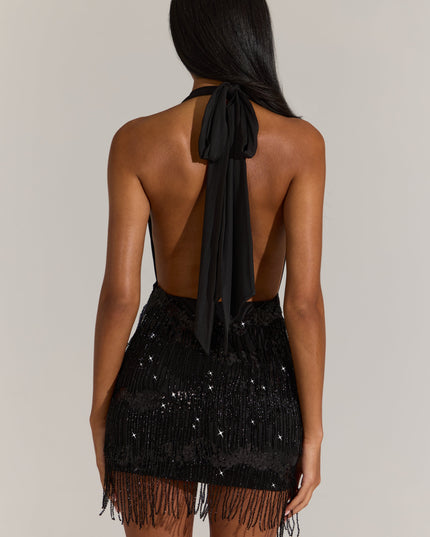 Black Fringed Skirt Halterneck Mini Dress